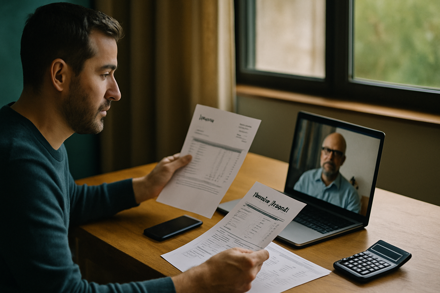 Small business owner reviewing invoices and monthly reports on a laptop video call with an accountant.