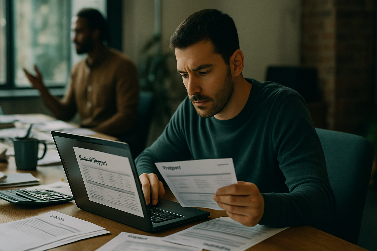 Founder reviewing payroll report on laptop with payslips and calculator on the desk